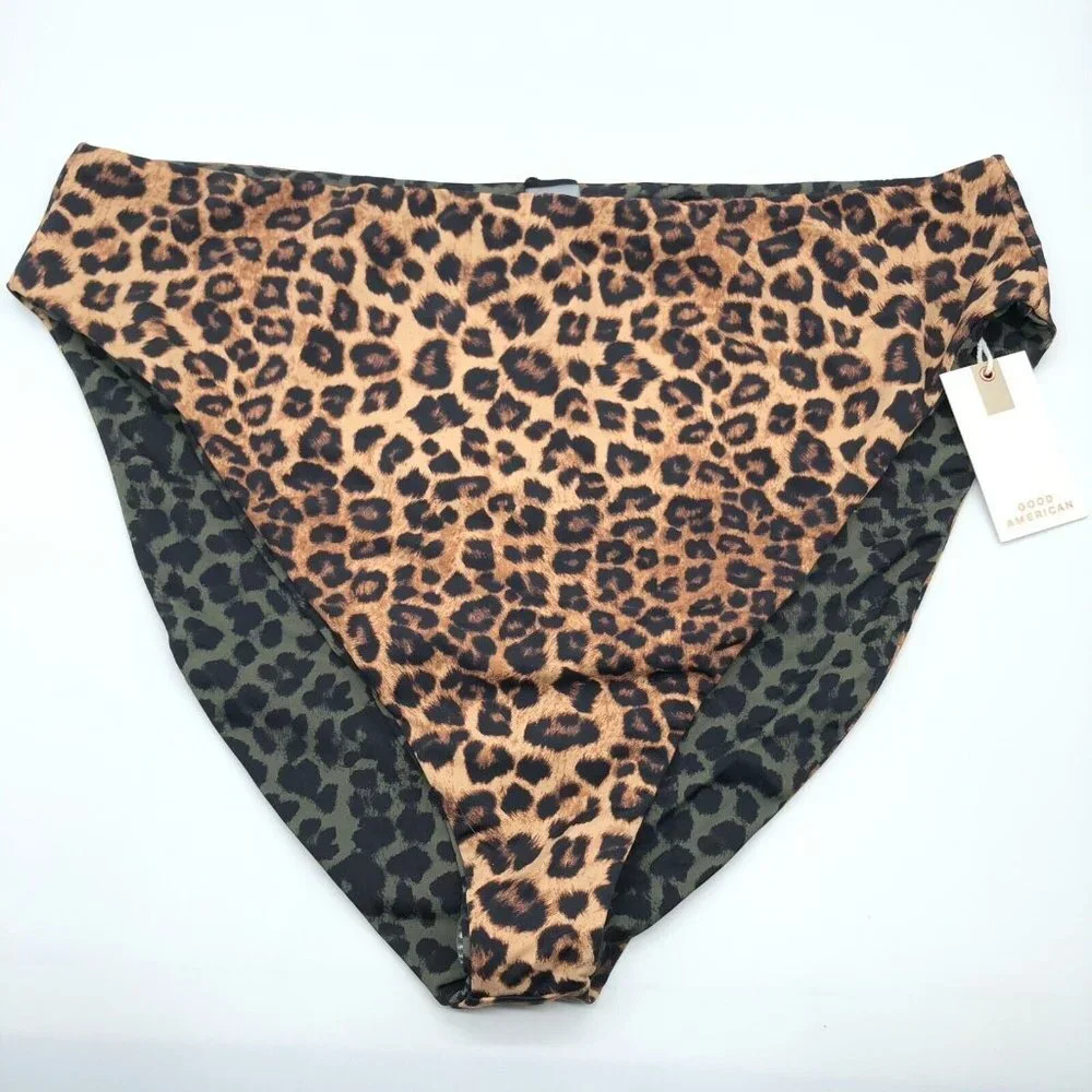 Good American Better Bikini Bottom Reversible Leopard Print Brown Green 7 US 4XL
